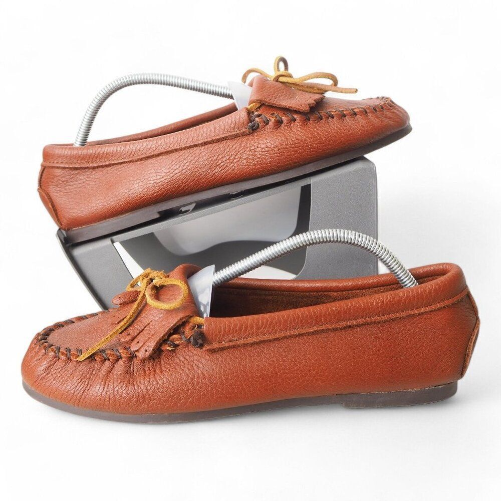 Minnetonka Deerskin Kilty Moc Toe Slip-on Loafers Carmel Brown 232116 Women's 10